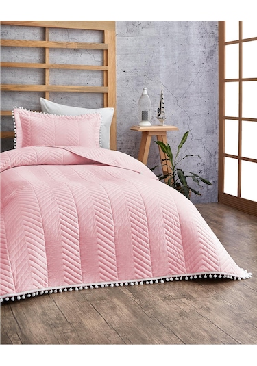 Evlen Home Ponponlu %100 Pamuk Tek Kişilik Günlük Yatak Örtüsü Pike Takımı Seti Pudra