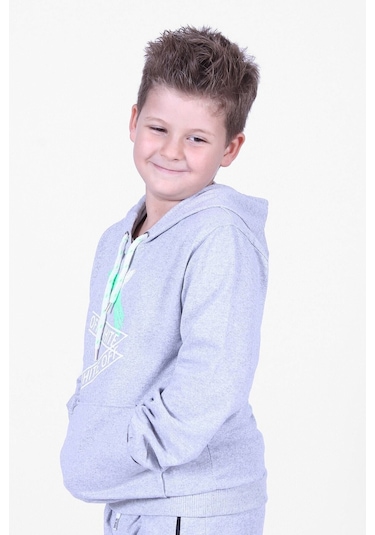 X Baskılı Kanguru Cepli Kapüşonlu Erkek Çocuk Gri Sweatshirt Gri
