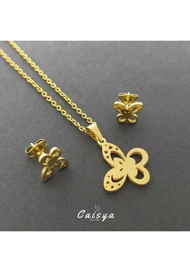 Kelebek Çelik Kolye Küpe Set Gümüş