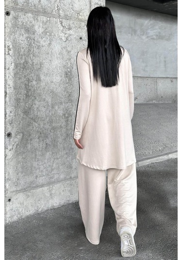 Taş Asimetrik Kesim, Fermuarlı Bluz & Bol Paça Pantolon - Viskon İki İplik Kumaş Alt & Üst Takım Taş