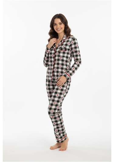 Luxury Viscose Siyah Beyaz Kareli Kalp Desenli Kadın Uzun Kollu Pijama Takımı 42564 Gri
