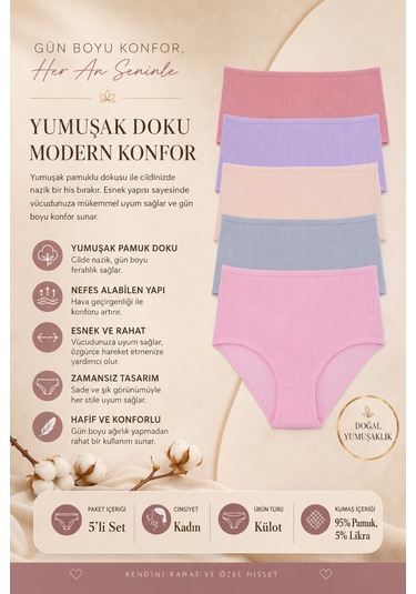 Nicoletta Kadın Külot 5 Li Paket Yüksek Bel Likralı Fitilli Lila