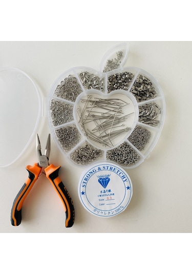 Elma Kutulu Metal Set 4 - Gümüş Küpe Kolye Bileklik Yapım Seti Mini Kargaburun