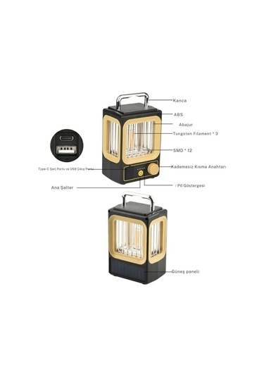 Ampul Solar Şarj Edilebilir 12 Led 1 Rustikli Led Kamp Lambası