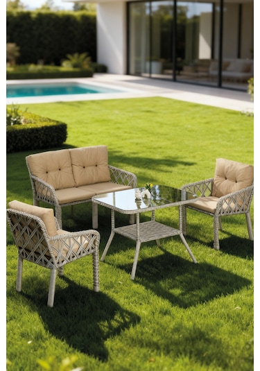 Lumisgarden Neva Rattan Bahçe Takımı 2+1+1 +masa Bej