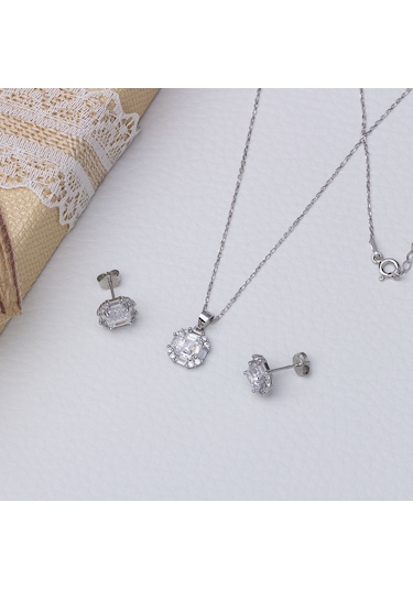 6 Mm Kare Zirkon Taşlı 925 Ayar Gümüş Kadın 2'li Set Gümüş