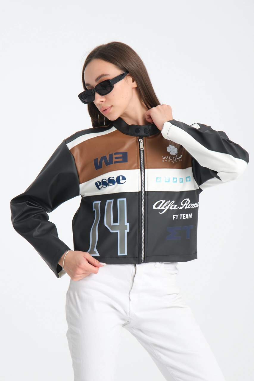 Kadın Oversize Baskılı Deri Şeritli Motorcu Montu Garnili Fermuarlı Yarışçı Ceketi Bomber Kolej Mont Kahve