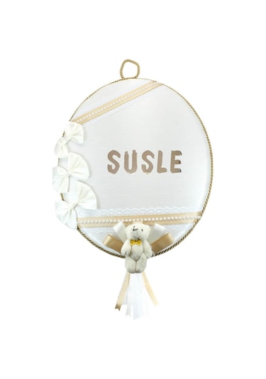 Süslebabypartystore Ipek Kumaş, Ayıcıklı Ve Isimli Oval Kapı Süsü Çok Renkli