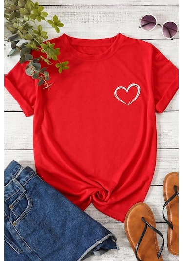 Unisex Baskılı Kısa Kol T-shirt Kırmızı