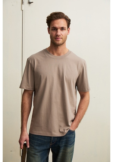 Grimelange Solo Erkek %100 Organik Pamuklu Kalın Dokulu Comfort Fit Bisiklet Yakalı Vizon T-shirt Vizon
