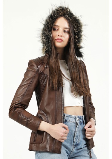 Dericlub Mistral Kadın Kapüşonlu Hakiki Deri Kaban Camel Antik Camel Antik Camel