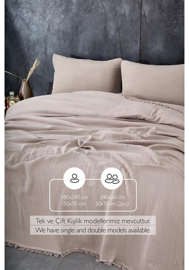Müslin%100 Pamuk Tek Kişilik Yatak Örtüsü Pike Takımı 4 Katlı Yumuşak Battaniye 2 Parça Bej Cappuccino