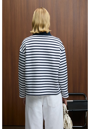 Grımelange Muse Kadın Çizgili Triko Polo Yakalı Regular Fit Lacivert Sweatshirt Lacivert