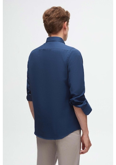 Ds Damat Slim Fit İndigo Oxford Düğmeli Yaka Kolay Ütülenebilir Nakış Detaylı Pamuklu Gömlek 4HC02ORT03265 İndigo