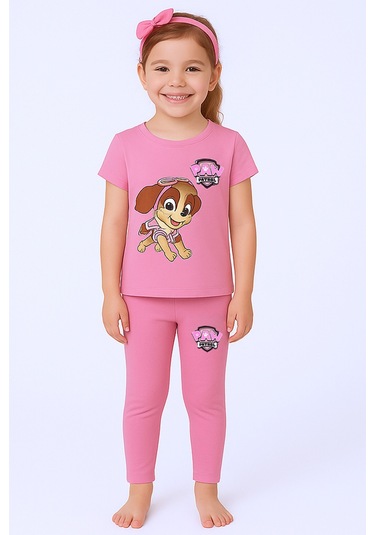 Kız Çocuk Taytlı Takım Saç Bandı Hediyeli Baskılı C64 Pembe