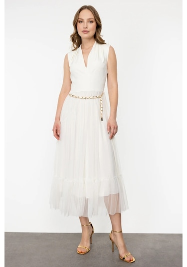 Ekol Kadın V Yaka Zincir Kemerli Elbise 4084 Ekru