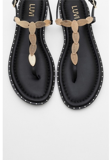 Marea Siyah Hakiki Deri Parmak Arası Gold Tokalı Kadın Sandalet Siyah