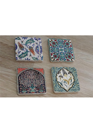 Çini Desenleri Doğal Taş Bardak Altlığı 4'lü Set - Natural Stone Coasters-174231 Çok Renkli