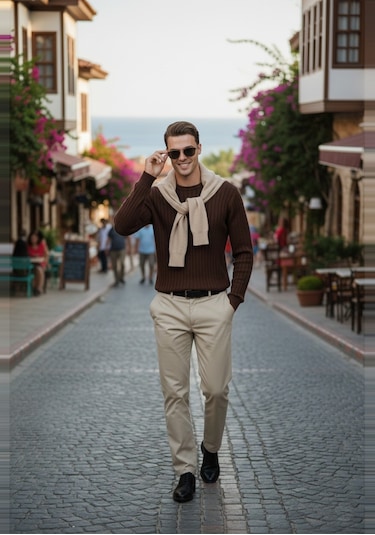 Deepsea Erkek Kahve Rahat Kalıp Çizgi Dokulu Triko Kazak Şık & Modern Tasarım 2605432 Kahve