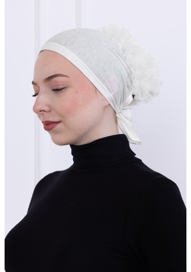 Fırfırlı Önden Dikişli Penye Bone - Kadın Tesettür Bağlamalı Topuz İç Bone-ekru - Kırık Beyaz Ekru