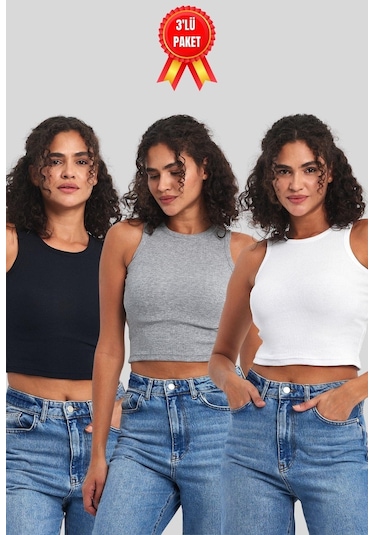 Mmetalic Kadın Siyah-beyaz-gri Fitilli Görünümlü Askılı Kalın Esnek Örme 3'lü Basic Crop Atlet Bluz Çok Renkli Mmetalic Kadın Siyah-beyaz-gri Fitilli Görünümlü Askılı Kalın Esnek Örme 3'lü Basic Crop Atlet Bluz Çok Renkli