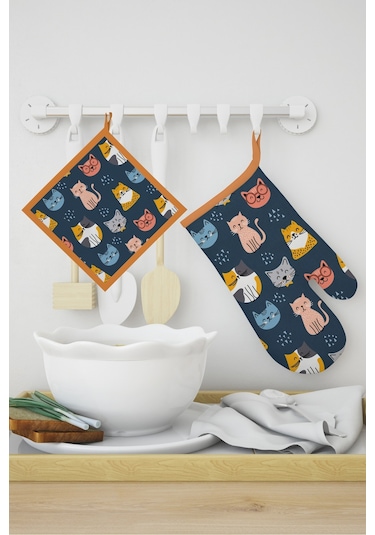 Ays Home Eldiven Tutacak Seti Kedi Desen