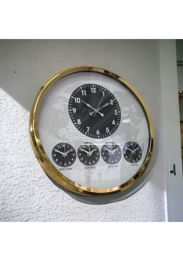 Dünya Saatleri Otel Duvar Saati Metal Gold Çerçeve Çap 52 Cm Altın