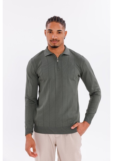 Monox Erkek Yarım Fermuarlı Polo Yaka Triko Kazak Haki