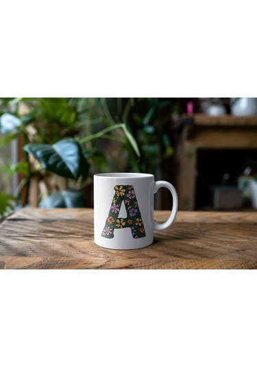 A Baş Harf Çiçek Desenleri İle Natural Tarz Kupa Bardak - Kişiye Özel Çiçekli Kahve Çay Bardak - Beyaz