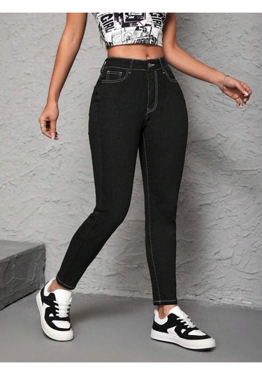 Modaserdem Kadın Yüksek Bel Önden Düğmeli Dar Kesim Kot Pantolon Siyah