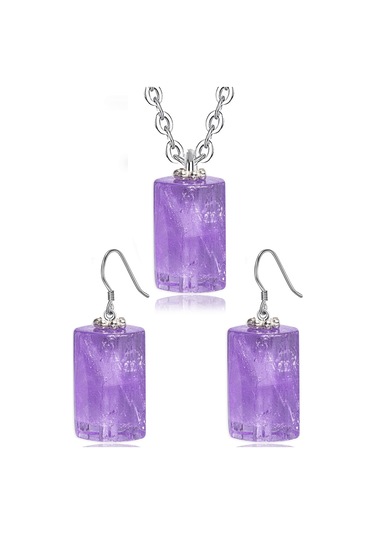 Sertifikalı Doğal Ametist Taşı Doğal Taş Kolye Küpe Seti Çok Renkli