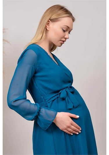 Kadın Yeni Sezon Kruvaze Yaka Şifon Hamile Elbise Hml003 Petrol Mavisi