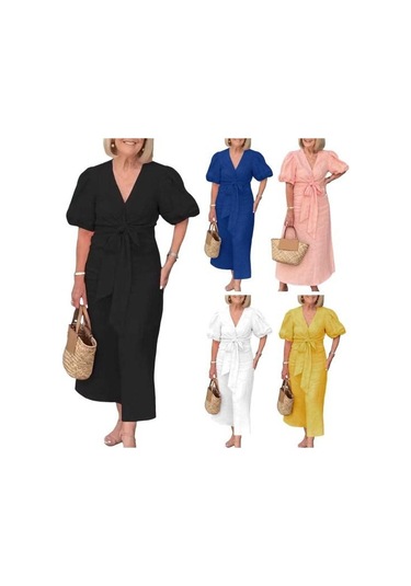 Yazlık Maksi Elbise V Yaka Bağcıklı Bel Kabarık Kollu Düz Renk Bol Beyaz