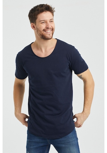 Tarz Cool Erkek Bisiklet Yaka T-shirt Lacivert