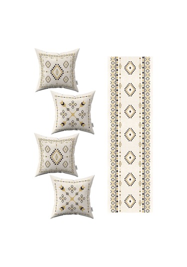 Krem Siyah Etnik Kilim Desenli 4'lü Kırlent Kılıfı 1 Runner Seti 4kmbs267 Rs Krem