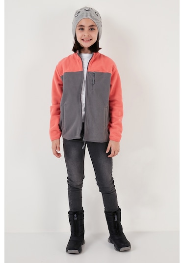 Lela Yumuşak Dokulu Fermuarlı Renk Bloklu Dik Yaka Cepli Hırka Unisex Çocuk Polar 5905001 Somon-Gri