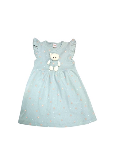 Ayıcık Aksesuarlı Çiçekli Kız Çocuk Yazlık Elbise Yeşil