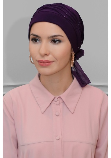 Mürdüm Pratik Hazır Geçmeli Tesettür Bone Sandy Kumaş Incili Pile Mürdüm