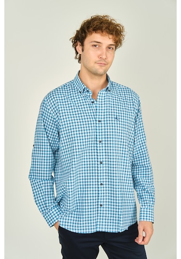 Figs Erkek Slim Fit Ekoseli Uzun Kollu %100 Pamuk Gömlek 0016 Mavi Mavi