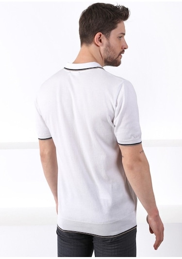 Ferraro Beyaz/Bej Yaka Şerit Düğmeli Erkek Pamuk Triko T-Shirt