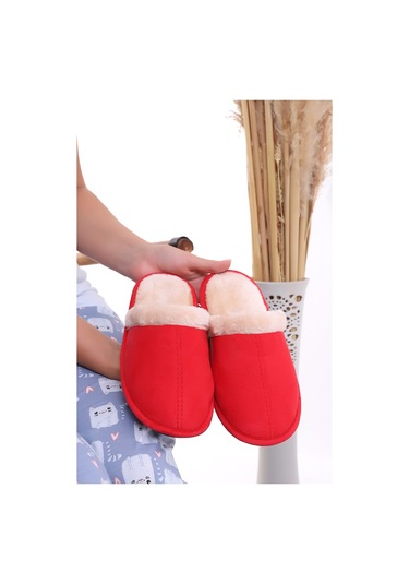 Wordex U050 Unisex Kışlık Ev İçi Terliği Kürklü Yünlü Terlik Kırmızı