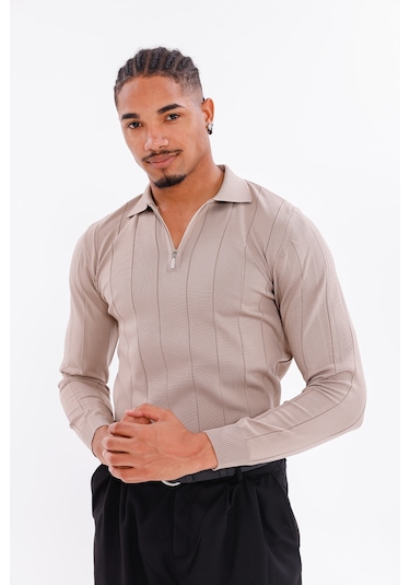 Monox Erkek Yarım Fermuarlı Polo Yaka Triko Kazak Taş