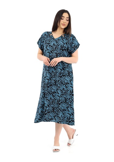 Schık Kadın Viskon Yarım Kol V Yaka Halkalı Cepli Elbise Petrol Mavisi Petrol Mavi