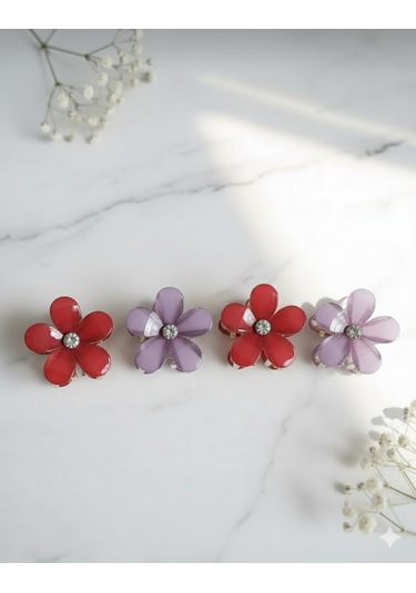 Çiçek Şeklinde Metal Toka, Metal Klipsli Renkli Çiçek Toka 4 Adet 2 Kırmızı - 2 Mor Kırmızı - Mor - Sarı