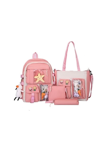 Göreme 4 Parçalı Kampüs Omuz Çantası Seti D3fua8 Açık Pembe - Gri