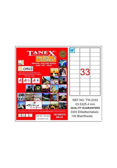 Tanex Tw-2033 63.5X25.4 MM Laser Etiket 100 Ad.