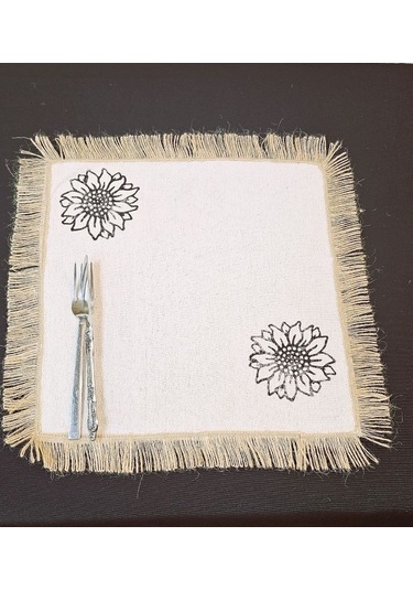 %100 Pamuklu Ham Keten Hasır Püsküllü Ayçiçek Taş Baskılı 6' Li Amerikan Servisi Supla Kare 42 Cm Naturel