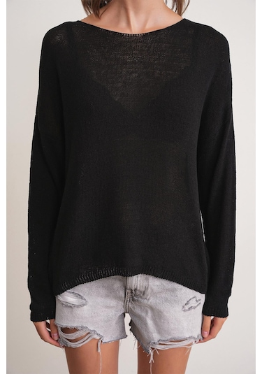 6933 Kadın Kayık Yaka İnce Mevsimlik Triko Kazak Siyah Siyah