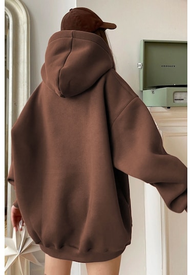 Madmext Kahverengi Kapüşonlu Şardonlu Oversize Sweatshirt Mg1566 Kahverengi
