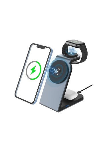Sw18 Manyetik 3'ü 1 Arada Metal Kablosuz Şarj Cihazı Masaüstü Telefon Kulaklık Smartwatch İçin Şarj Standı Siyah Siyah